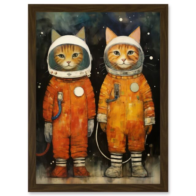 Artery8 Wall Art Print Cosmic Cats in Outer Space Moon Walk Fun Kids Bedroom Artwork Framed A4 in Brown - image 1