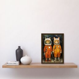 Artery8 Wall Art Print Cosmic Cats in Outer Space Moon Walk Fun Kids Bedroom Artwork Framed A4 in Brown - thumbnail 2