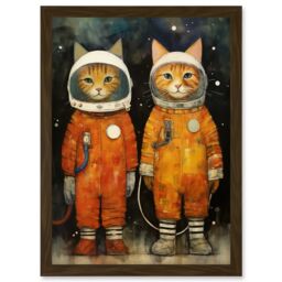 Artery8 Wall Art Print Cosmic Cats in Outer Space Moon Walk Fun Kids Bedroom Artwork Framed A4 in Brown - thumbnail 1