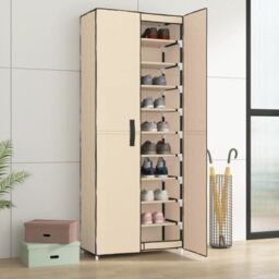 Berkfield Home Shoe Cabinet Cream 60x30x166 cm Fabric in Beige - Size: 60 x 30 x 166 cm