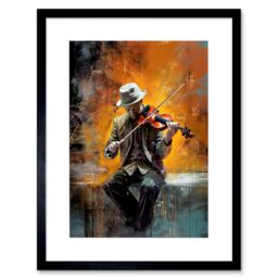 "Artery8 Wall Art Print Street Musician Playing Jazz Music on his Violin Artwork Framed 9X7 Inch in Black - Size: W7"" x H9""" - thumbnail 1
