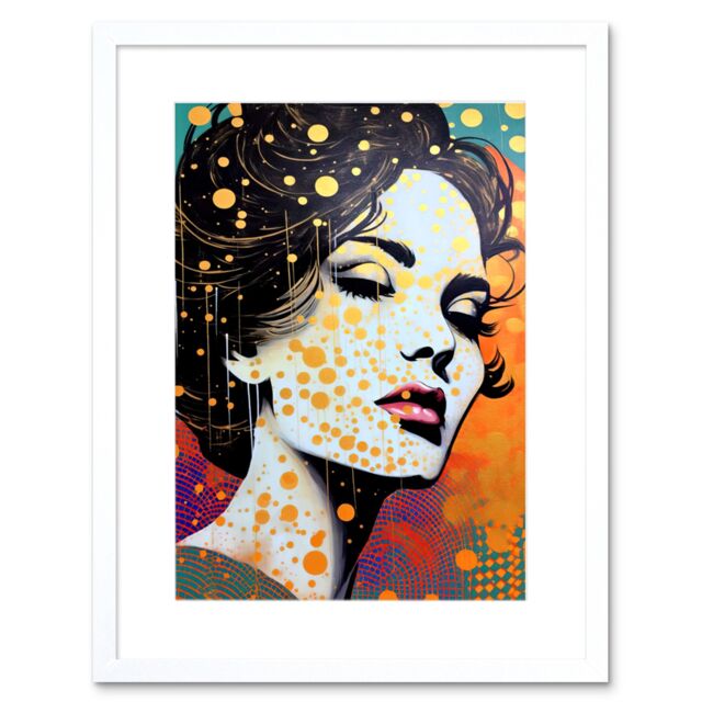 Artery8 Wall Art Print Female Retro Glam Glitter Aesthetic Portrait with Polka Dot & Mosaic Pattern Teen Room Artwork Framed 9X7 Inch - image 1
