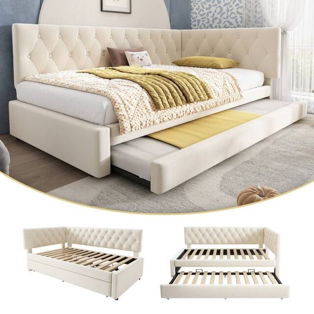BTM Velvet Daybed with Pull-Out Trundle, for Adults & Kids in Beige - image 1