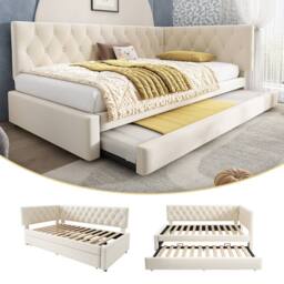 BTM Velvet Daybed with Pull-Out Trundle, for Adults & Kids in Beige