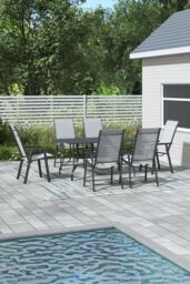 Garden Sanctuary Set of 7 Metal Slatted Outdoor Garden Coffee Table & Chairs Set in Black - thumbnail 2