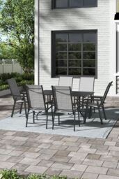 Garden Sanctuary Set of 7 Metal Slatted Outdoor Garden Coffee Table & Chairs Set in Black - thumbnail 1