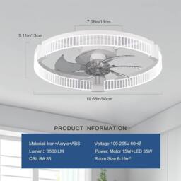 Garwarm LED Dimmable Ceiling Fans with Light & Remote in White - thumbnail 2