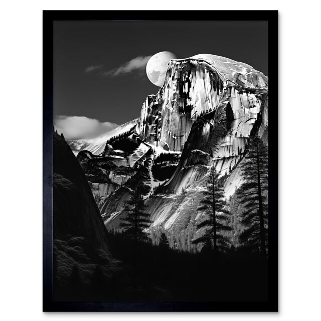 Artery8 Wall Art Print Moonrise Behind Half Dome High Contrast Black White Photograph Yosemite National Park Full Moon & Mountain Forest Landscape - image 1