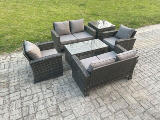 Fimous 6 Seater Dark Grey Mixed High Back Rattan Sofa Set Coffee Table Garden Furniture Outdoor Patio With Love Sofa Arm Chairs