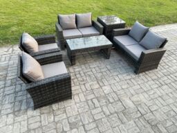 Fimous 6 Seater Dark Grey Mixed High Back Rattan Sofa Set Coffee Table Garden Furniture Outdoor Patio With Love Sofa Arm Chairs - thumbnail 2