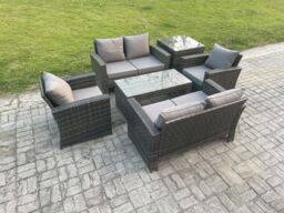 Fimous 6 Seater Dark Grey Mixed High Back Rattan Sofa Set Coffee Table Garden Furniture Outdoor Patio With Love Sofa Arm Chairs - thumbnail 1