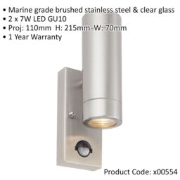 Loops Up & Down IP44 Outdoor Wall Light with PIR - 2 x 7W LED GU10 - Stainless Steel in Metallics - thumbnail 2