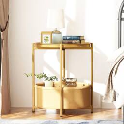 Huhote Fabric 2 Tier Round End Side Table With Storage Basket Nightstand in Gold