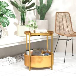 Huhote Fabric 2 Tier Round End Side Table With Storage Basket Nightstand in Gold - thumbnail 6