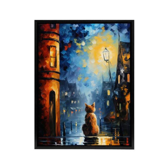 "Artery8 Ginger Cat Under Street Lamp at Night Framed Canvas Wall Art Print in Blue - Size: W12"" x H16""" - image 1