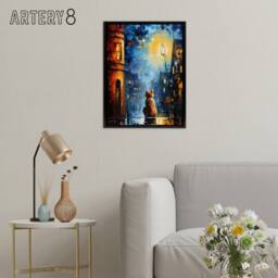 "Artery8 Ginger Cat Under Street Lamp at Night Framed Canvas Wall Art Print in Blue - Size: W12"" x H16""" - thumbnail 3