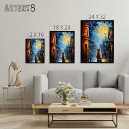 "Artery8 Ginger Cat Under Street Lamp at Night Framed Canvas Wall Art Print in Blue - Size: W12"" x H16""" - thumbnail 4
