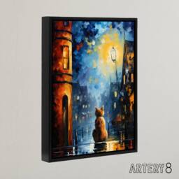 "Artery8 Ginger Cat Under Street Lamp at Night Framed Canvas Wall Art Print in Blue - Size: W12"" x H16""" - thumbnail 2