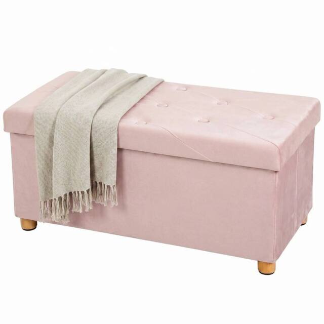NESTLUNE Velvet Upholstered Foldable Ottoman Footrest with Wood Legs, Pink - Size: 100 cm x 15 cm - image 1
