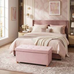 NESTLUNE Velvet Upholstered Foldable Ottoman Footrest with Wood Legs, Pink - Size: 100 cm x 15 cm - thumbnail 3