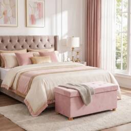 NESTLUNE Velvet Upholstered Foldable Ottoman Footrest with Wood Legs, Pink - Size: 100 cm x 15 cm - thumbnail 6