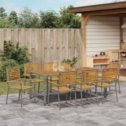 Berkfield Home 9 Piece Garden Dining Set Grey Poly Rattan Acacia - thumbnail 4
