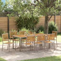 Berkfield Home 9 Piece Garden Dining Set Grey Poly Rattan Acacia - thumbnail 1