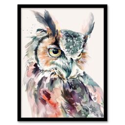 "Artery8 Great Horned Owl Portrait Modern Watercolour Framed Art Print - Size: W12"" x H16""" - thumbnail 1