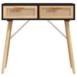 Berkfield Home Console Table Black 80x30x75 cm Solid Wood Pine&Natural Rattan - Size: 80 x 30 x 75 cm - thumbnail 4