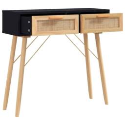 Berkfield Home Console Table Black 80x30x75 cm Solid Wood Pine&Natural Rattan - Size: 80 x 30 x 75 cm - thumbnail 3
