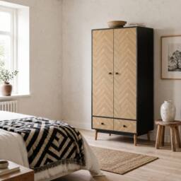 Wyld Haus Dark Grey Wood Grain Wardrobe 2 Hanging Rods 2 Drawers 90x50x190cm - Size: 90 x 50 x 190 cm