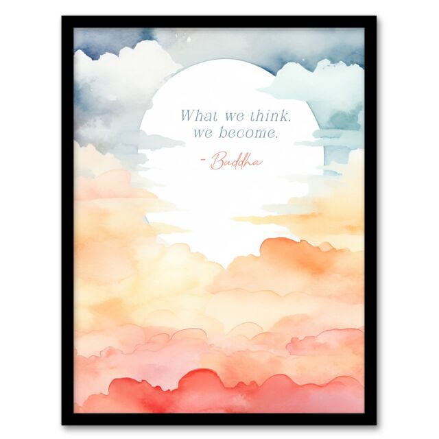 Artery8 Wall Art Print What We Think We Become Buddhist Mindfulness Sun Clouds Framed in Orange - Size: A4 - image 1