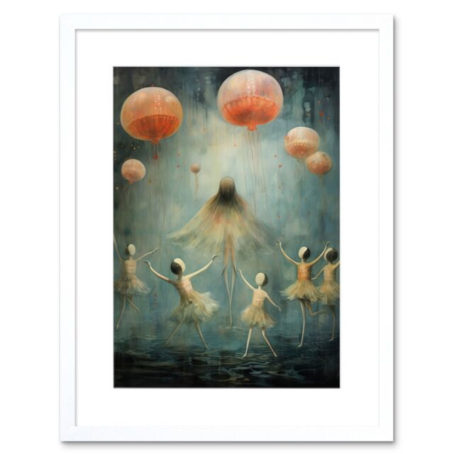 "Artery8 Wall Art Print The Jellyfish Ballet Whimsical Surreal Underwater Dance Artwork Framed 9X7 Inch in White - Size: W7"" x H9""" - image 1