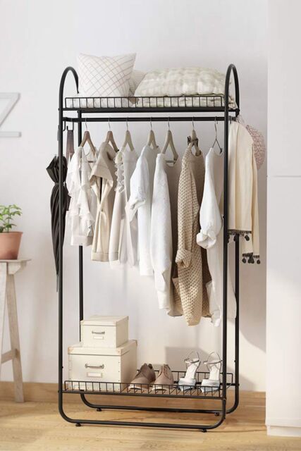 Living and Home Freestanding Garment Rack Clothes Hanging Rod Multi-Functional 2 Layer Coat Rack with 2 Storage Baskets in Black - image 1