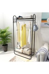 Living and Home Freestanding Garment Rack Clothes Hanging Rod Multi-Functional 2 Layer Coat Rack with 2 Storage Baskets in Black - thumbnail 2