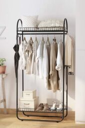 Living and Home Freestanding Garment Rack Clothes Hanging Rod Multi-Functional 2 Layer Coat Rack with 2 Storage Baskets in Black