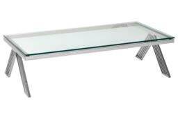 Orsina Clear Glass Coffee Table With Stainless Steel Legs, Silver Finish Coffee Table, Lounge Table, Patio Table