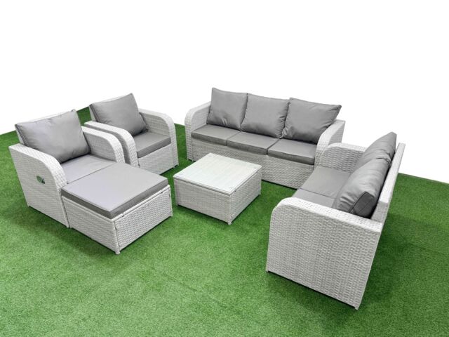 Fimous PE Rattan Garden Furniture Set Adjustable Chair Sofa Double Love Seat 2 Seater Sofa Lounge Set Square Coffee Table Big Footstool Light Grey - image 1