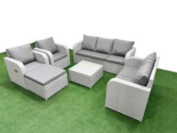 Fimous PE Rattan Garden Furniture Set Adjustable Chair Sofa Double Love Seat 2 Seater Sofa Lounge Set Square Coffee Table Big Footstool Light Grey - thumbnail 2
