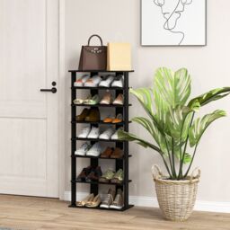 Costway 7 Tiers Double Shoe Rack Entryway Tall Display Shelf Vertical Corner Shoe Stand Shelf for 14 in Black - thumbnail 3