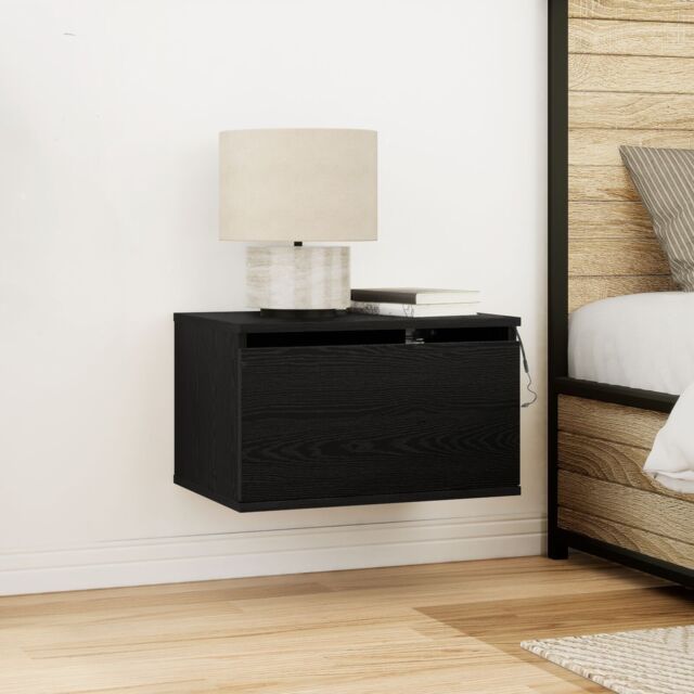 Berkfield Home Bedside Cabinet with LED Wall-Mounted Black Oak 50x36x30 cm - Size: 50 x 36 x 30 cm - image 1