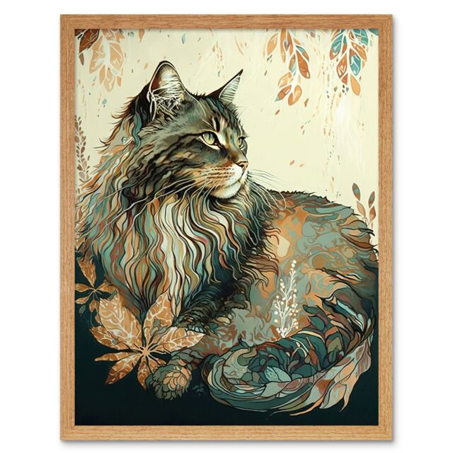 "Artery8 Wall Art Print Maine Coon Cat with Flower Pattern Modern Watercolour Art Framed in Light Oak - Size: W12"" x H16""" - image 1