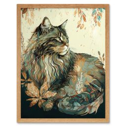 "Artery8 Wall Art Print Maine Coon Cat with Flower Pattern Modern Watercolour Art Framed in Light Oak - Size: W12"" x H16""" - thumbnail 1