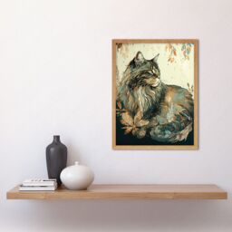"Artery8 Wall Art Print Maine Coon Cat with Flower Pattern Modern Watercolour Art Framed in Light Oak - Size: W12"" x H16""" - thumbnail 2