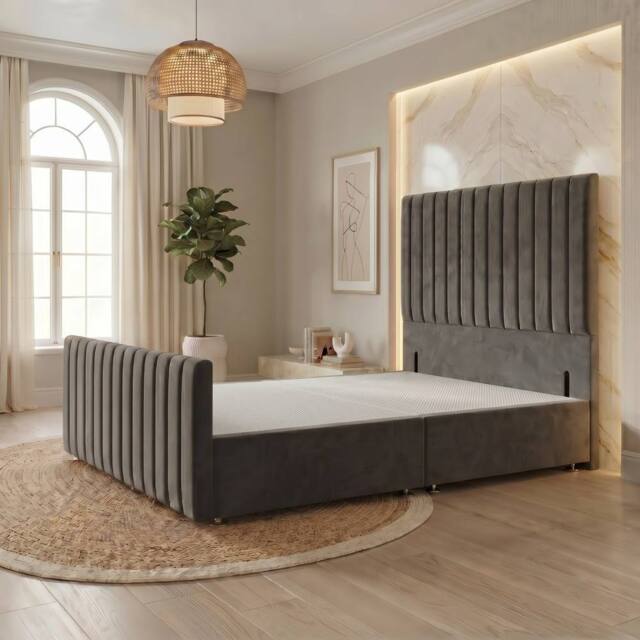 "Somnior Eleanor Velvet Divan Base No Drawers 54"" Headboard & 22"" Footboard in Charcoal - Size: Small Single" - image 1