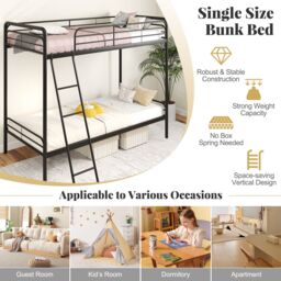 Gymax Metal Bunk Bed Heavy Duty Single Over Single Bunk Bed With Ladder in Black - thumbnail 3