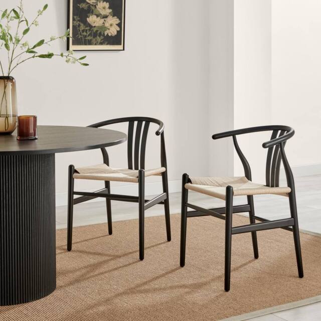 FurnitureboxUK 2x Caia Black Wood & Rope Wishbone Dining Chairs - image 1