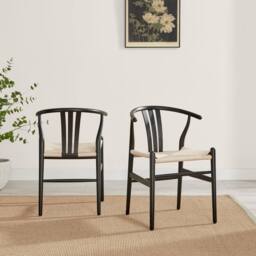 FurnitureboxUK 2x Caia Black Wood & Rope Wishbone Dining Chairs - thumbnail 2