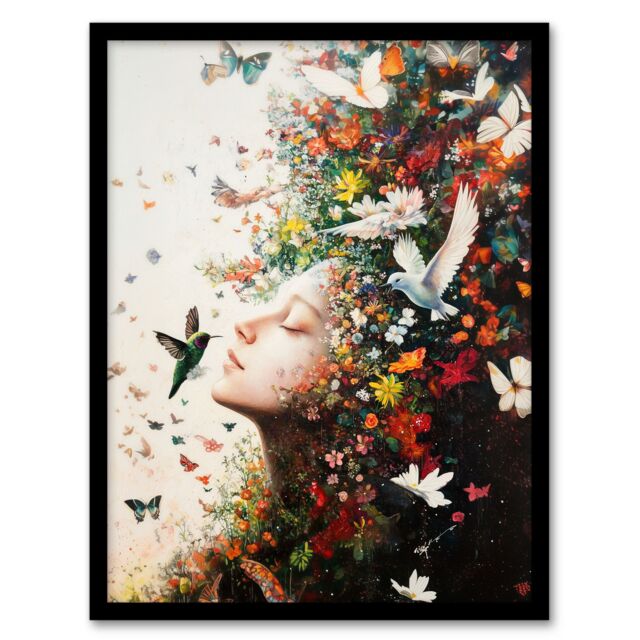 Artery8 Mother Nature Birds Butterflies Colourful Flowers Framed Art Print - Size: A4 - image 1