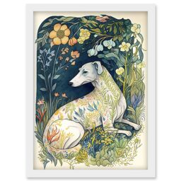 Artery8 White Greyhound Dog with Floral Pattern Fur Coat lying in Flower Field Modern Illustration Artwork Framed Wall Art Print A4 - thumbnail 1